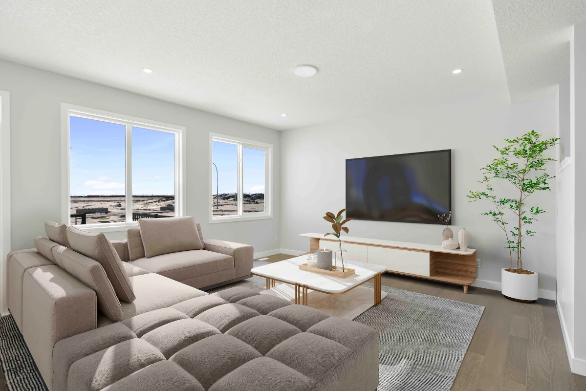 Living room virtual staging with modern sofa and TV setup