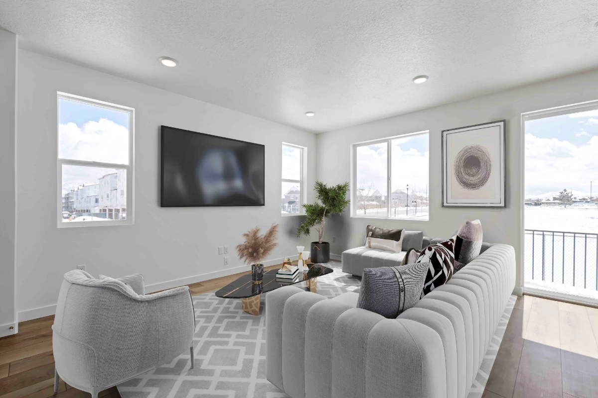 Living room virtual staging with cozy furniture and decor