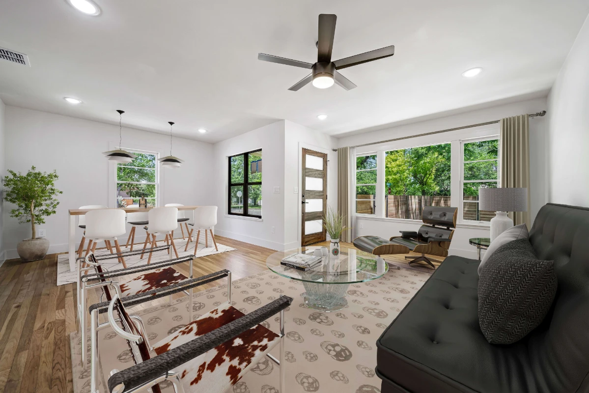 Real estate living room virtual staging with complete furnishing